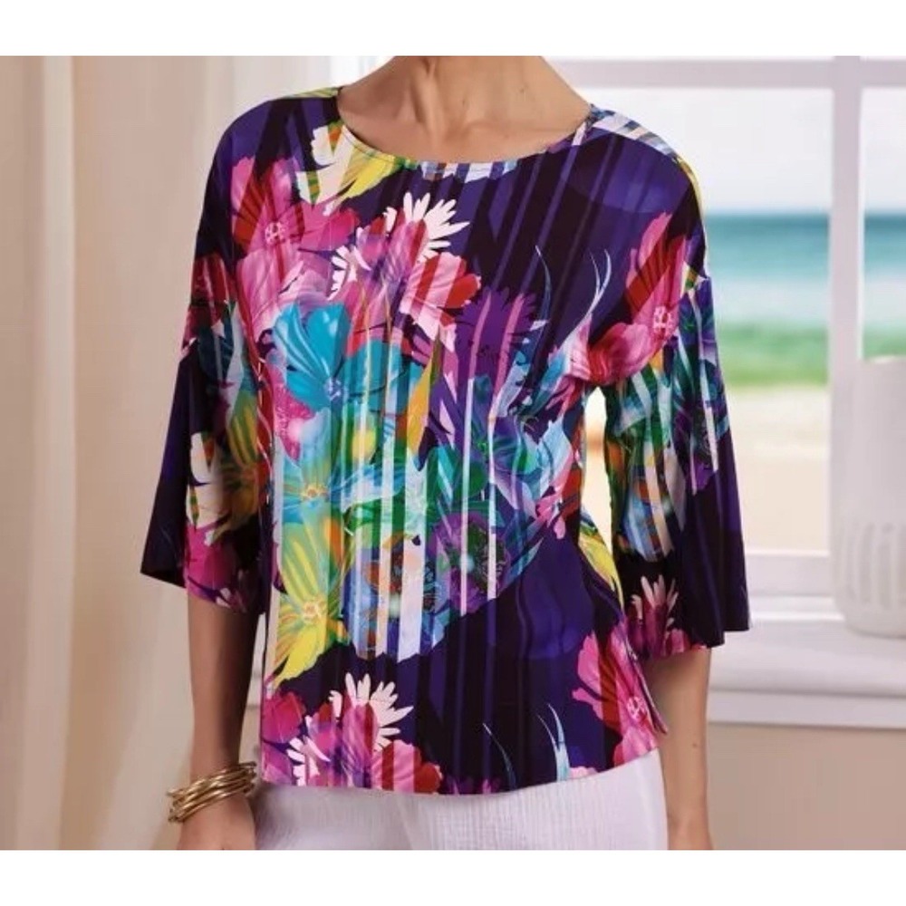 Soft Surroundings Mignon Top Blouse Righteous Violet Floral Boat Neck 3/4 Sleeve